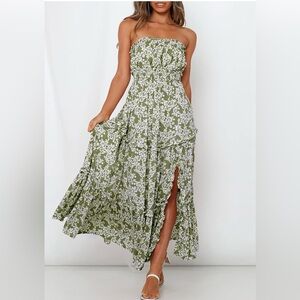 Simplee Olive Green and White Floral Strapless Tiered Maxi Dress with Slit SZ M